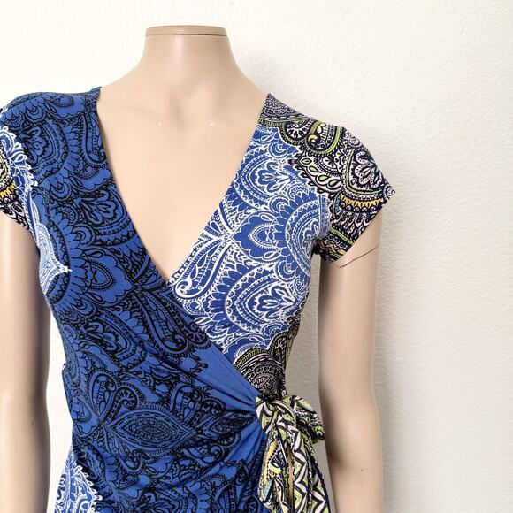 [Cache] Blue Brown Faux Wrap V-Neck Paisley Knot Waist Dress Work Size Small S - Picture 6 of 10